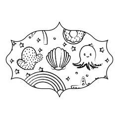 arabic frame with cute octopus and related icons pattern over white background, vector illustration