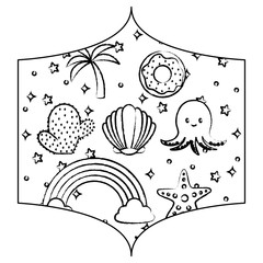 decorative frame with cute octopus and related icons pattern over white background, vector illustration