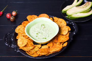 Tortilla chips with avocado dip on a plate