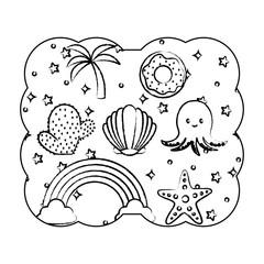 decorative frame with cute octopus and related icons pattern over white background, vector illustration