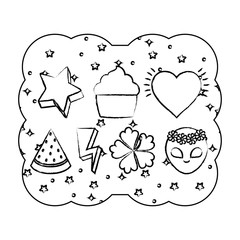 decorative frame with cupcakes and watermelon pattern over white background, vector illustration