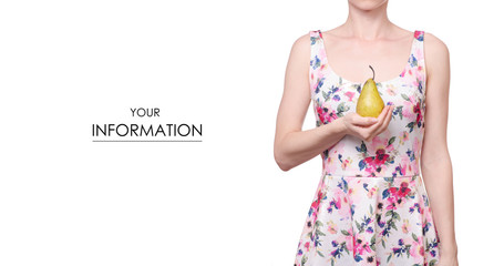 Woman in a dress floral print in the hands fruit pear pattern