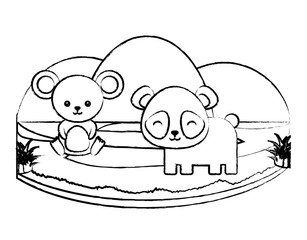 sketch of cute panda bear and mouse on the grass over white background, vector illustration