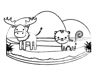 sketch of cute elk and tiger on the grass over white background, colorful design. vector illustration