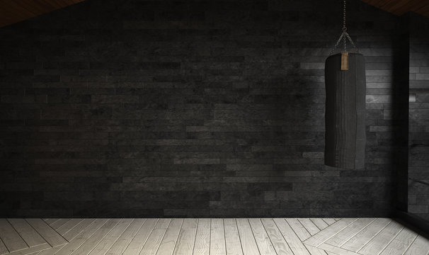 Leerer Raum mit dunkler Steinwand und Boxsack