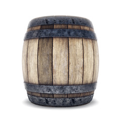 Fototapeta premium Wooden barrel with iron hoops isolated on white background. 3d rendering.