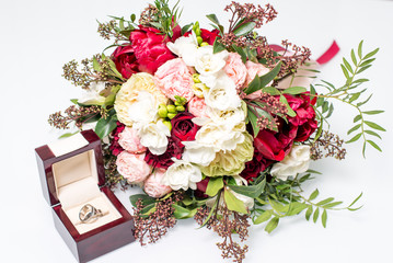 beautiful modern wedding bouquet on white table