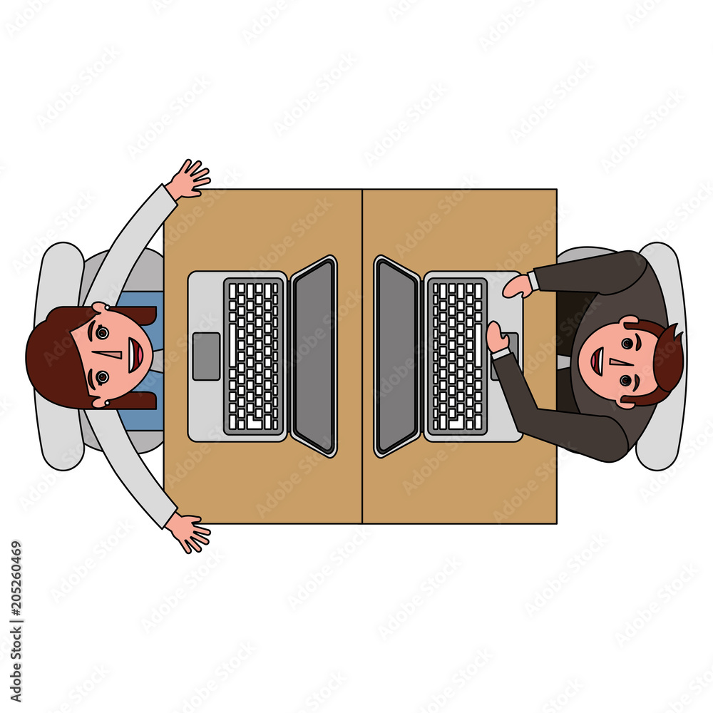 Poster aerial view of teamwork working with laptops vector illustration design