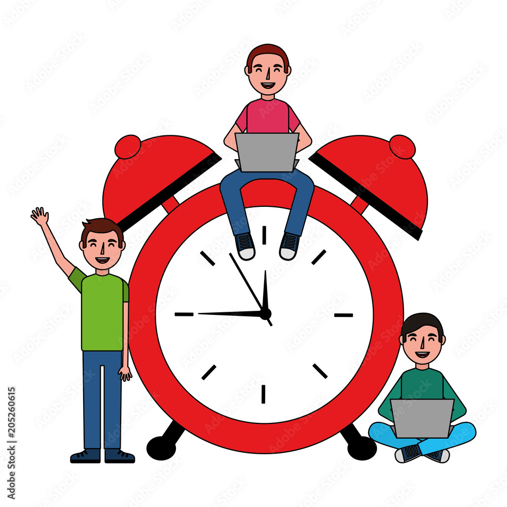 Sticker people working on alarm clock vector illustration design