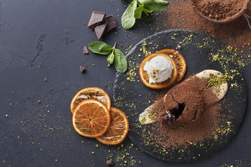 Mouth watering delicious chocolate fondant cake, restaurant serving