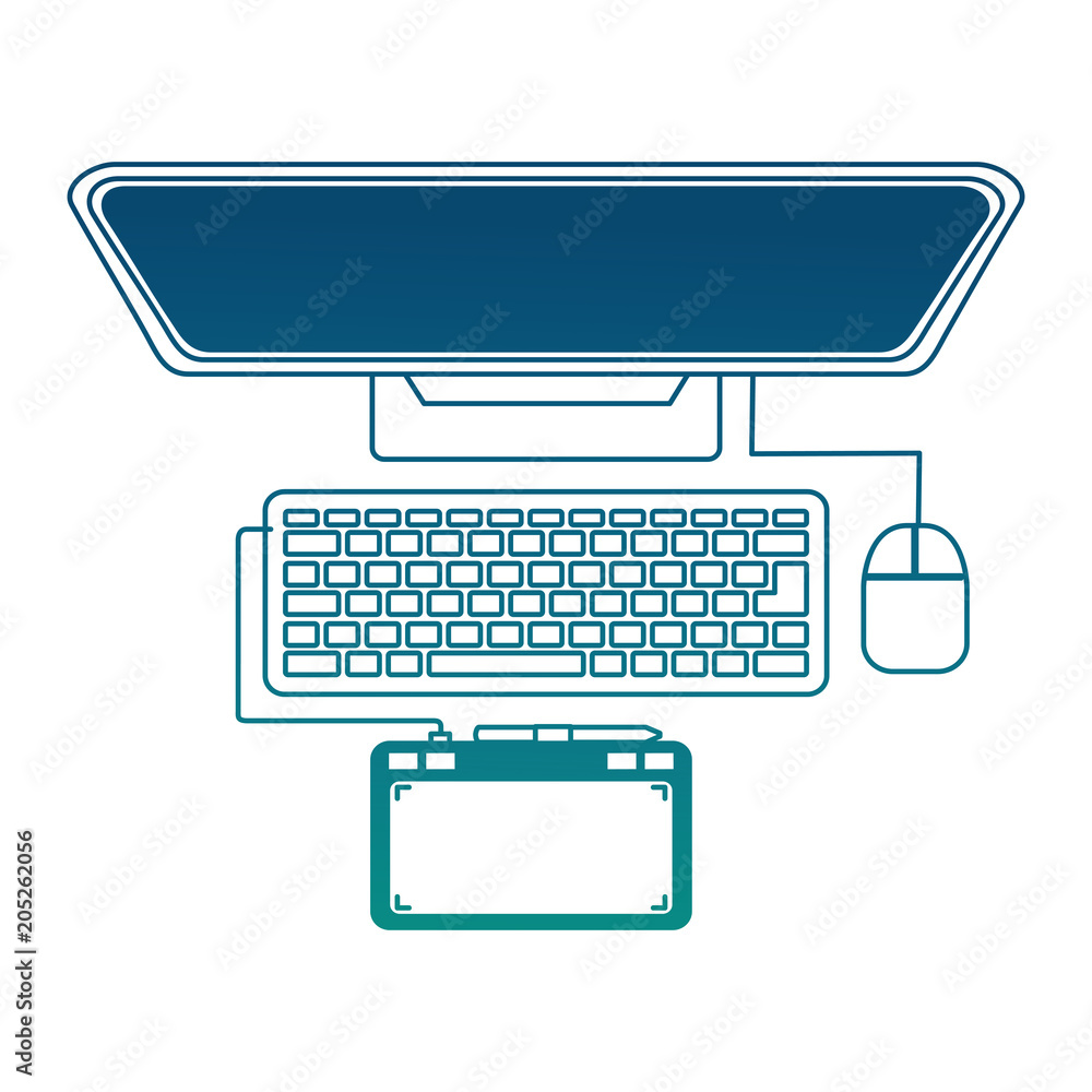 Poster top view computer monitor drawing tablet keyboard mouse vector illustration neon blue