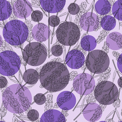 seamless background of purple lavender on a background of circles, flowers watercolor style. elegant flowers. vector background.lavender background for text, card template, invitation, banner.