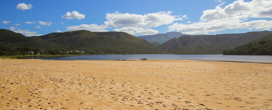Panoramic view of Nature's Valley lagoon on the Garden Route in the Tsitsikamma National Park, Western Cape, South Africa