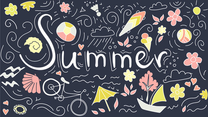 background with bike, ball, thrives, skateboard, shells and flowers.