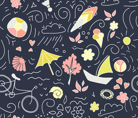 background with bike, ball, thrives, skateboard, shells and flowers.