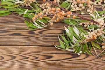 Obraz premium Raw olives on twig with green leaves on old rustic wooden table with copy space for your text