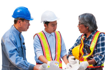Clipping path included, isolate Asian civil engineer team wearing safety helmet and uniform using blueprint to meeting discussing brain storm for solving their problem situation in middle of city town