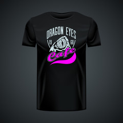 Vintage Logo, Dragon Eyes Cafe,  printed on black t-shirt