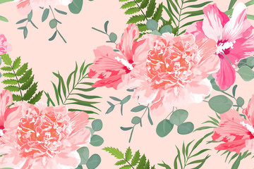 Floral summer seamless pattern with peony, hibiscus, eucalyptus and fern. Vector illustration. Watercolor style