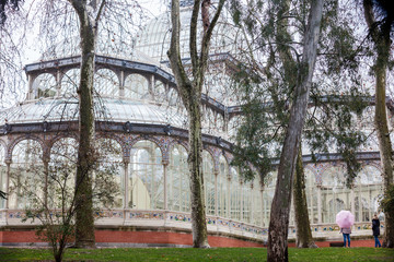 Crystal Palace of the Retiro Park in Madrid on a rainy winter day