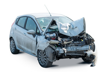 front view of a broken car after an accident isolated on white background