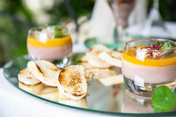 baguette with French layer pate. chicken pate in glass and toast bread at the restautant