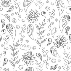 seamless pattern of drawn contours of leaves, flowers, curls. background for patterns, cards, background.sketch collection. Decorative elements for design. Ink, vintage, rustic.
