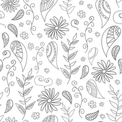 seamless pattern of drawn contours of leaves, flowers, curls. background for patterns, cards, background.sketch collection. Decorative elements for design. Ink, vintage, rustic.