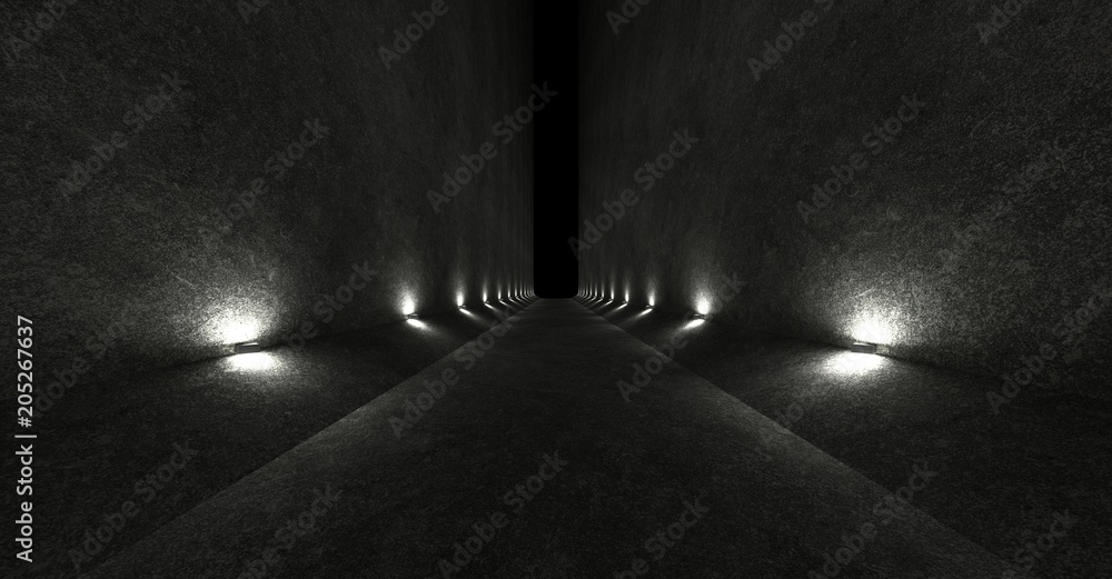 Poster empty space with concrete walls and lamps on the walls spreading soft diffused light up and down. 3d