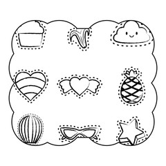 decorative frame with hearts and fruits pattern over white background, vector illustration