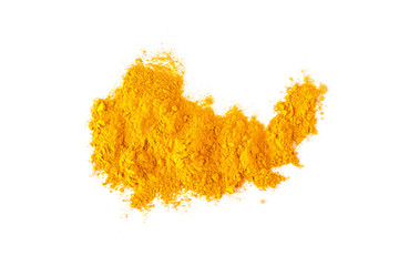 Turmeric powder (Curcuma) on white background.  Isolated on white. Empty space for text or...