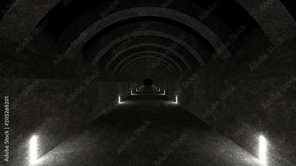 Poster empty space with concrete walls and lamps on the walls spreading soft diffused light up and down. 3d