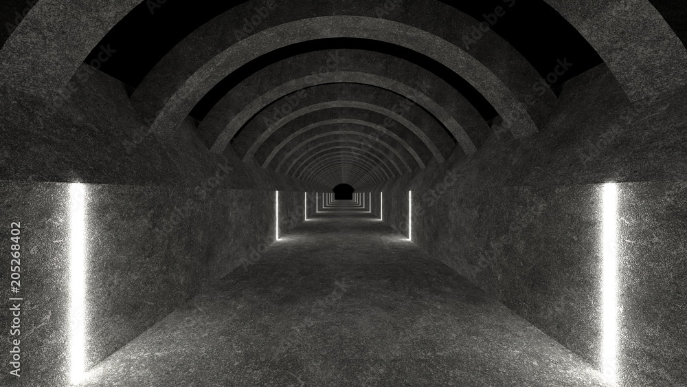Poster empty space with concrete walls and lamps on the walls spreading soft diffused light up and down. 3d