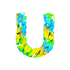 Alphabet letter U uppercase. Liquid font made of blue, green and yellow splash paint. 3D render isolated on white background.