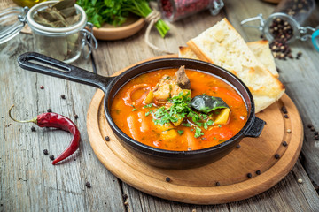 Hungarian soup goulash bograch with dumplings.