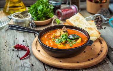 Hungarian soup goulash bograch with dumplings.