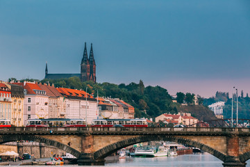 Prague, Czech Republic. Tram Moving In Legion Bridge In Autumn Day