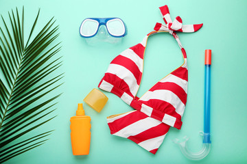 Striped swimsuit with palm leaf and diving mask on mint background
