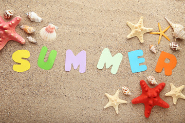 Inscription Summer with seashells on beach sand