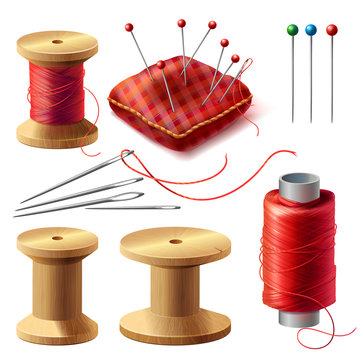 Vector realistic set of sewing supplies isolated on background. Tools for tailoring, needlework and clothing repair, red thread spools, wooden bobbins, needles kit, pins in decorative cushion