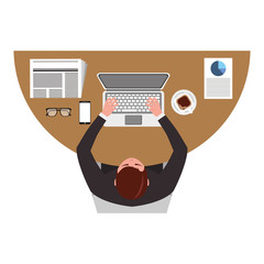 top view businessman typing in laptop with mobile papers and coffee cup vector illustration