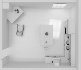 Kitchen interior grid 3D rendering top view