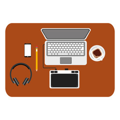 workspace desk computer designer tablet headphones and coffee cup vector illustration