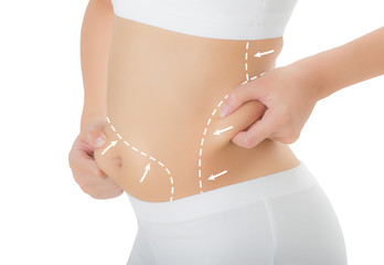 Close up woman grabbing skin on her hip and belly with the drawing arrows, Lose weight and...