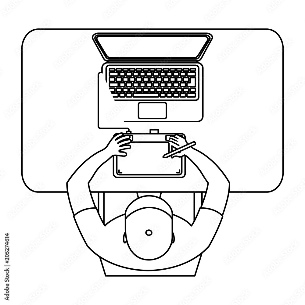 Aufkleber aerial view of graphic designer working with computer vector illustration design