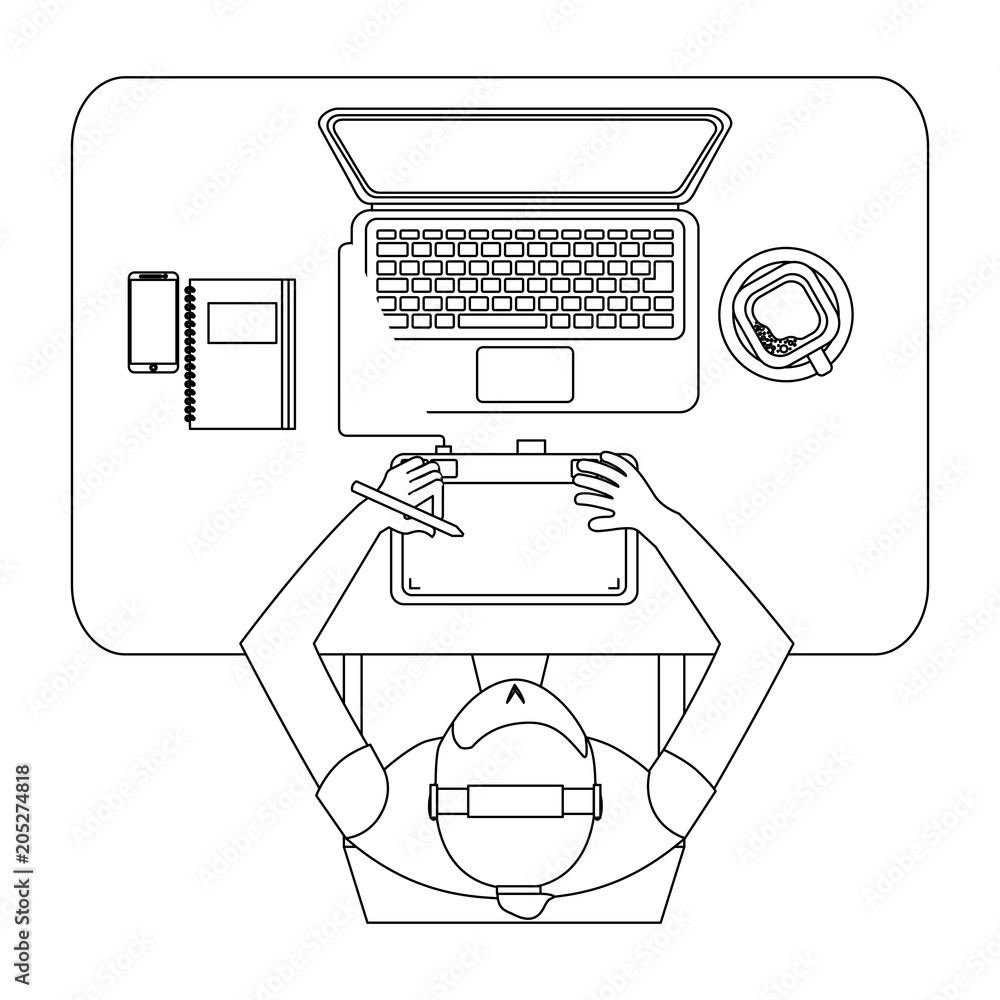 Poster aerial view of graphic designer working with computer vector illustration design