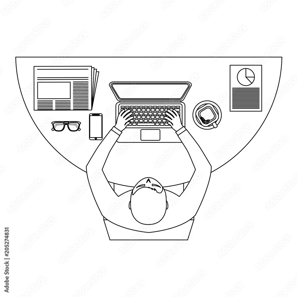 Poster aerial view of man working with computer vector illustration design