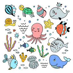 Sea creatures hand drawn set. Illustrations with cute fishes and seashells