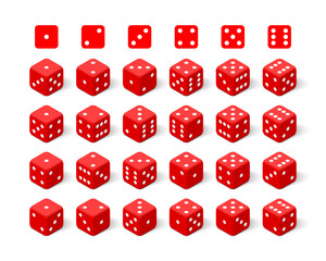Isometric 3d red dice set. Twenty four combinations
