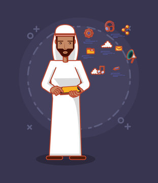 cartoon arabic man standing with social media related icons over purple background, colorful design. vector illustration